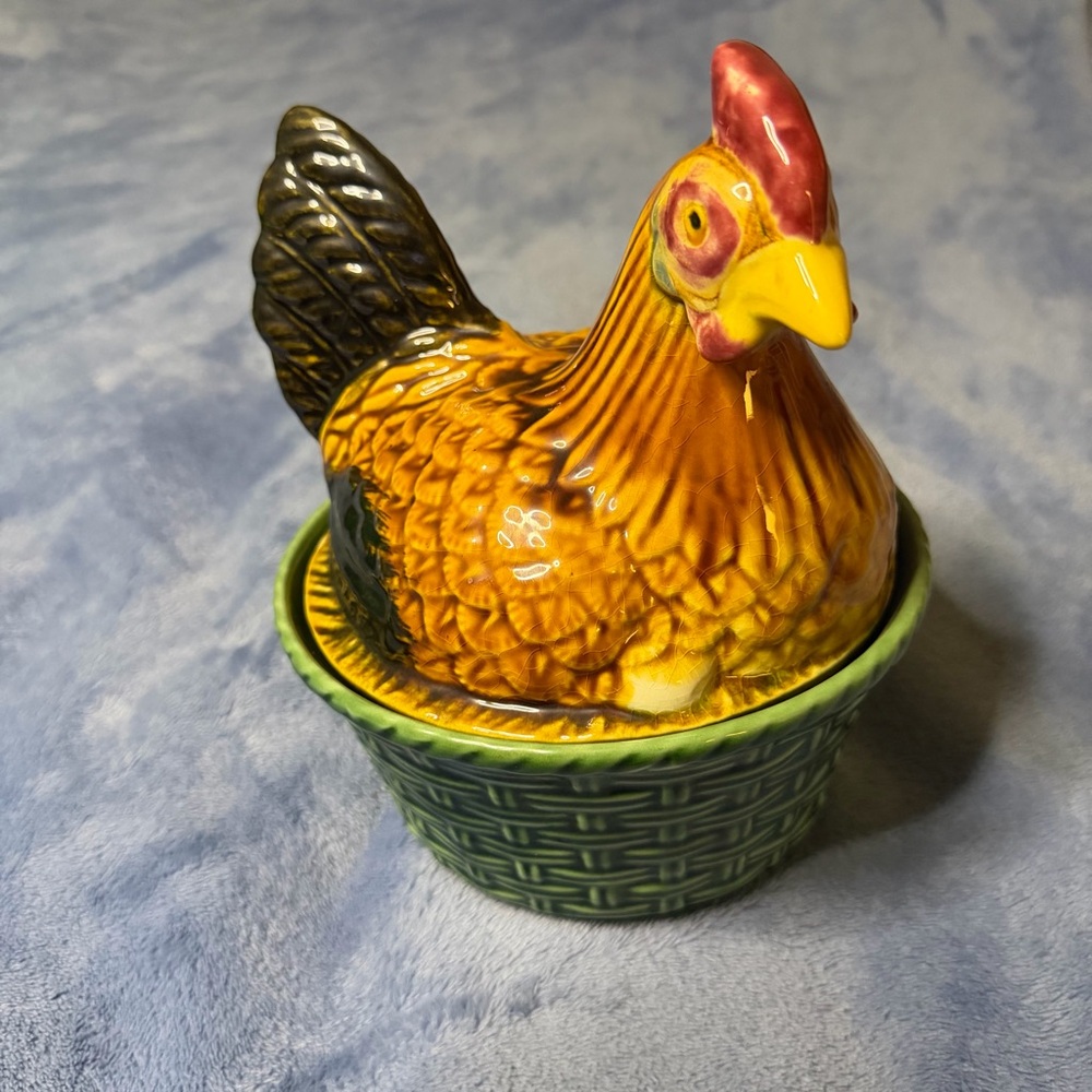 Vintage Ceramic Hen on Basket Lidded Dish - Yellow & Green